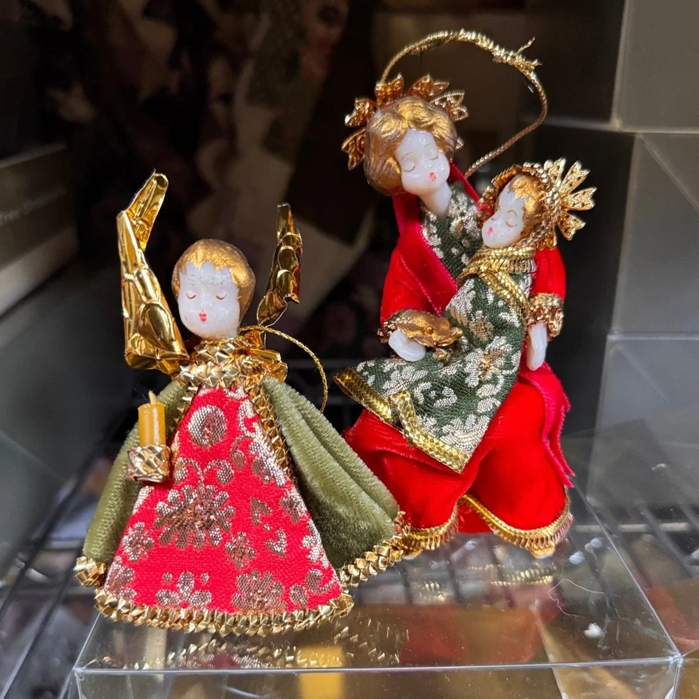 Koestel Germany Vintage Wax Face Velvet Red Green Gold Angel Madonna and Child